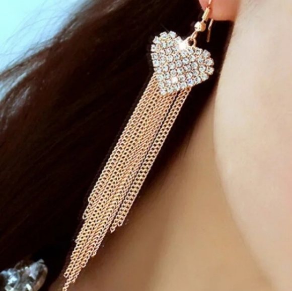Silver & Gold White Crystal Heart Dangle Earrings - Picture 3 of 6